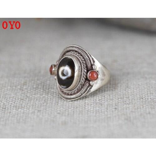 S925 Silver Retro Silver Ring with Dzi Beads
