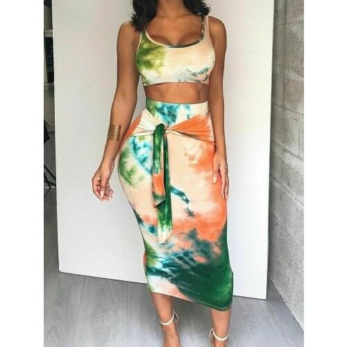 Sexy Women Summer 2Pcs Set Boho Vest Crop Tops Floral Tie Dye High Slit Maxi Skirt Set