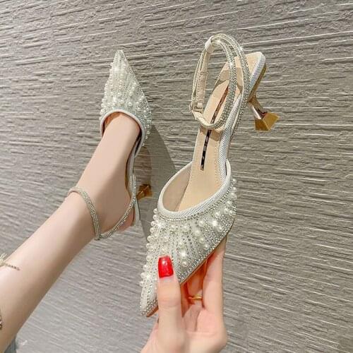 Elegant Thin High Heels Pointed Toe Women Pumps Woman Two Piece Ankle Strap Shiny Party Shoes for Ladies Wedding Bridal Shoes 40
