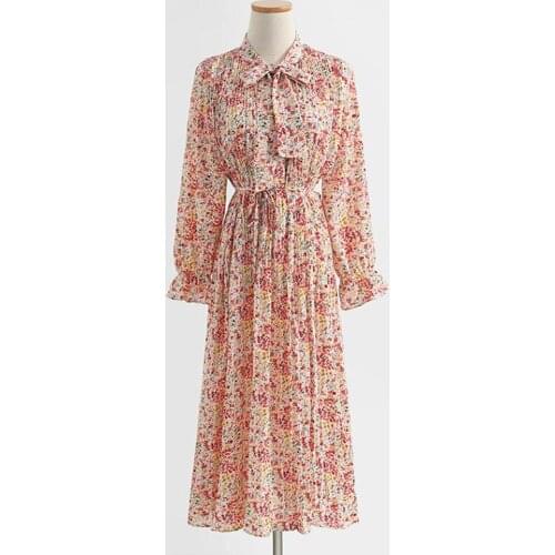 Vintage Floral Print Women Dress 2021 Spring Autumn Fashion Bow collar Chiffon Dress Long sleeve Boho Beach A-line Vestidos