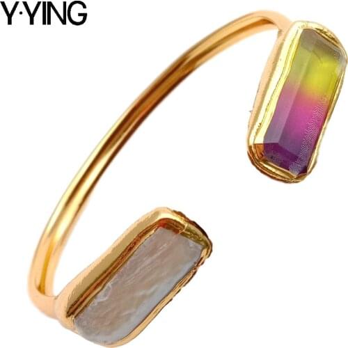 Y·YING Cultured White Biwa Pearl Rainbow Crystal Gold color Plated Bangle Bracelet for Women Gift Adjustable Open Pearl Bracelet