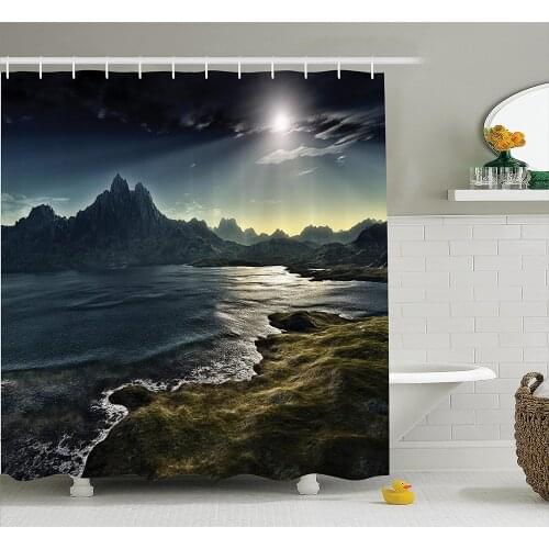 Fantasy House Decor Shower Curtain Dark Fantasy Landscape with Sunbeams Over Ocean Seacoast Cliff Mountain Bathroom Curtains
