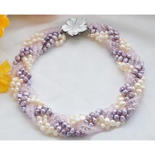 Wholesale Handwork Pearl Jewellery,6Rows 18inches Lavender White Baroque Pearls Clean Crystal Faceted Knit Necklace