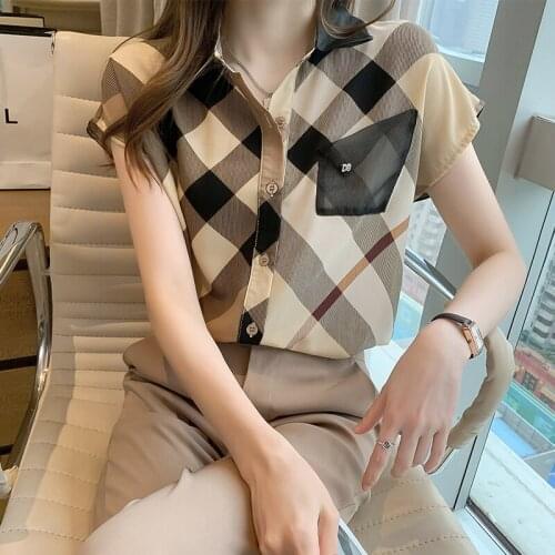 2021Button Office Lady short Sleeve PIaid Chiffon Shirt summer Tops Woman Clothes Pocket Womens Shirts camisa cuadros