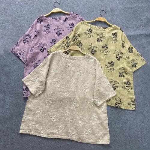 Johnature Vintage Linen Embroidery Womens Tops And Blouses 2021 Summer New O-neck Short Sleeve Female Shirts