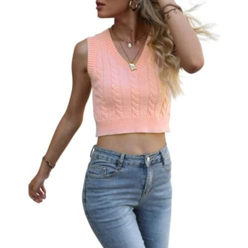 Women Simple Style Knitted Vest, Solid Color V-neck Sleeveless Crop Tops, Blue/ Pink/ Rust Red
