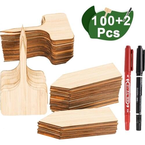 100pcs+2 Pen T-shape Bamboo Plant Labels Eco-Friendly Wooden Plant Sign Tags Garden Markers for Seed Potted Herbs Flowers Tools