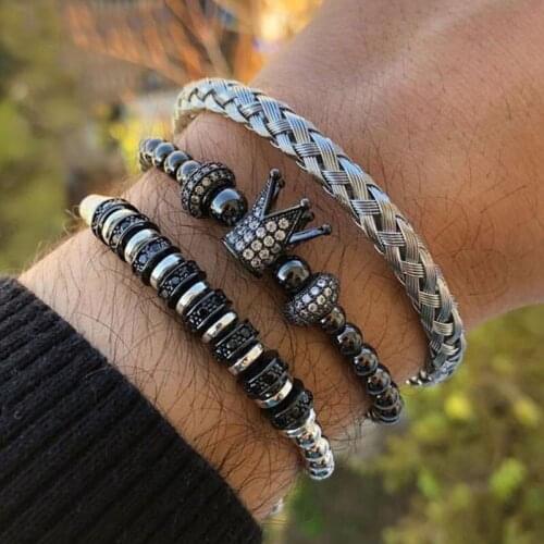 3PC/SET Men Jewelry Bracelet Set CZ Pave Crown Charm Bracelet Stainless Steel Bangle Beaded Macrame Bracelet