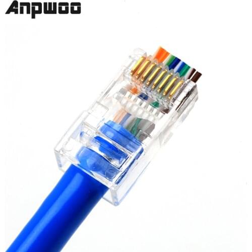 ANPWOO 20/50/100pcs RJ45 Connector 6U Gold PlatedPass Through Ethernet Cables Module Plug Network RJ-45 Crystal Heads Cat5 Cat5e