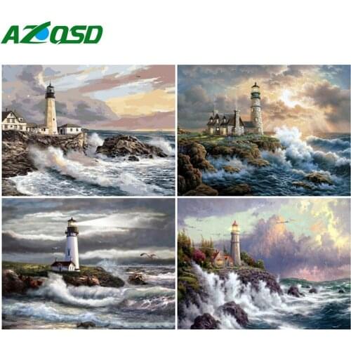 AZQSD Frame Coloring By Number Lighthouse Landcape Acrylic Unique Gift Oil Painting By Number Sea Kit Wall Arts