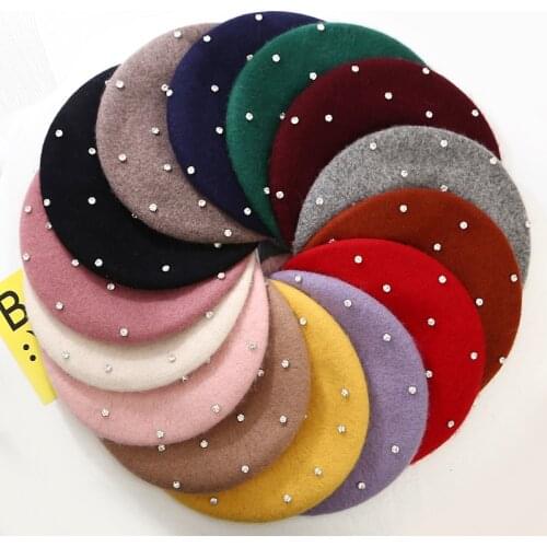 Wool Women Winter Berets Luxury Pearl Rivet Vintage Cashmere Female Warm Beret Hats Girls Flat Cap Beret Women Painter Cap