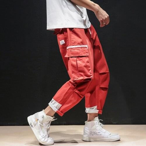 Men Pants Cargo Trousers with Multi-Pockets Drawstrings Adjustable Ankle-length Pant Handsome Cool Summer Oversized Korean Style