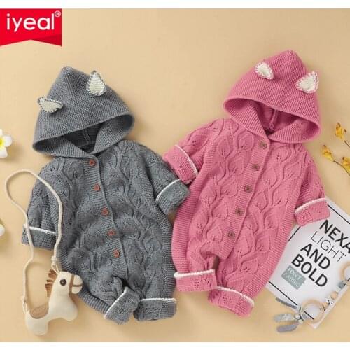 IYEAL Cotton Knitted Baby Clothes Jumpsuit Newborn Autumn Winter Kids Boy Romper Hooded 3D Ears Toddler Girl Sweater Overalls