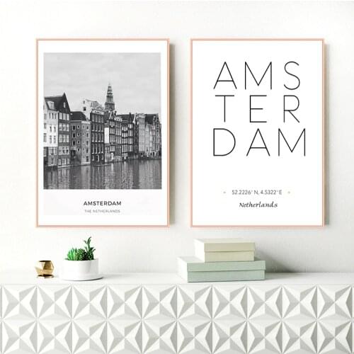 Netherlands Amsterdam Landscape Photo Canvas Painting Wall Art Picture , City Poster Amsterdam Coordinates Canvas Prints