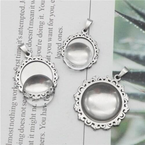 3Sets Stainless Steel Lace Necklace Pendant Jewelry Making Tone Alloy Round Cameo Setting Tray And Glass 18/20/25mm Pendant Gift