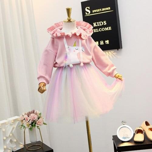 Girls Clothing Set Autumn Cartoon Unicorn Hooded Sweater + Rainbow Mesh Half Skirt 2pcs Outfits For Toddler Childrens Clothes