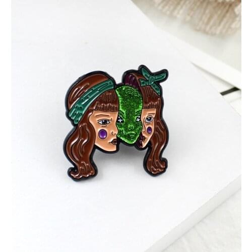 Creative Twin Girls Alien Brooch Green Horror Mask Ghost Girl Skull Enamel Pin Leather Backpack New Gothic Badge Punk Gifts