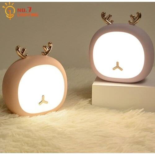 Cartoon Cute Deer Rabbit Night Light with Touch Dimming USB Charging Eye Protection Sleep Night Light As Gift Boys/girls Room