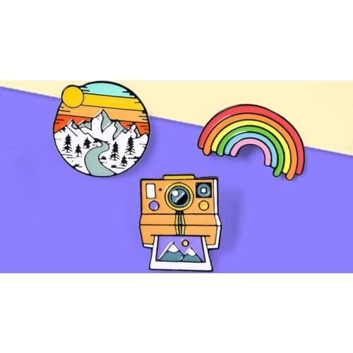 Cartoon Rainbow Camera Enamel Pins Outdoors Custom Rainbow Camping Trip Camper Life Brooch Lapel Pin Shirt Badge Jewelry Gift