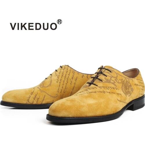 VIKEDUO Genuine Calf Suede Oxford Dress Shoes Men Yellow Flat Letter Laser Wedding Office Handmade Shoes Formal Zapato de Hombre