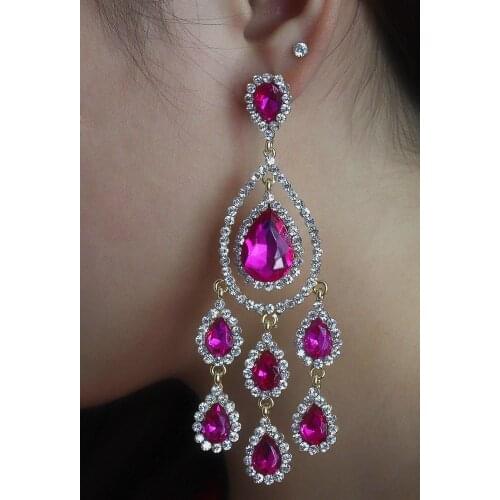 New luxury plated 5 colors charm rhinestone crystal flower long tassel earrings bridal wedding jewelry earrings