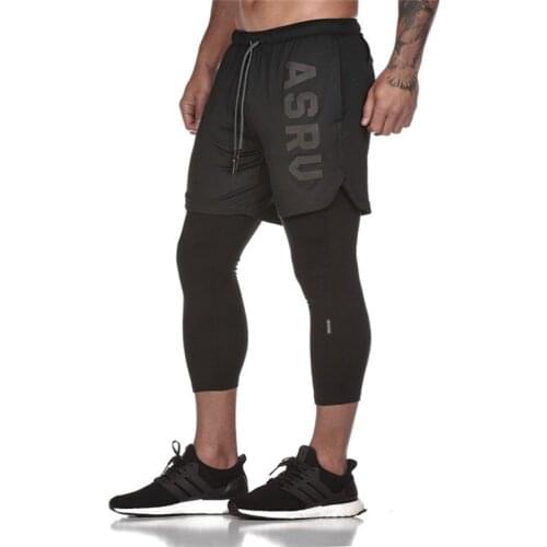 2019 New Sports Mens Pants Gym Fitness Tight Elastic Running Pants Quick-drying FAKE 2 IN 1 Leggings Men Ankle-length Pants