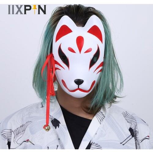 Full Face Hand-Painted Fox Style Mask Red Japanese Cosplay Fox Masks with Tassels Small Bells Cartoon Character Costumes