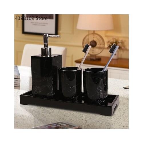 Marble texture bathroom supplies black four-piece resin bathroom accessories with dispenser toothbrush holder soap dispenser