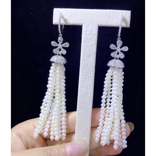 Long tassels fresh water pearl earring 925 sterling silver with cubic zircon flower drop earring fine women jewelry for party