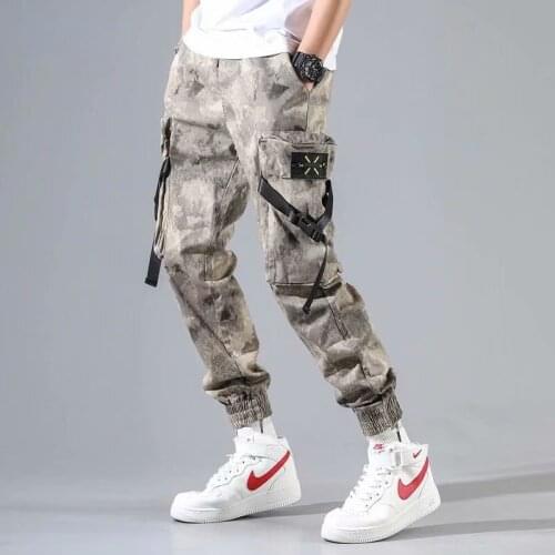 HOUZHOU Camouflage Cargo Pants for Men Joggers Sweatpants Military Tactical Cargo Trousers for Men Streetwear Hip Hop Ribbons