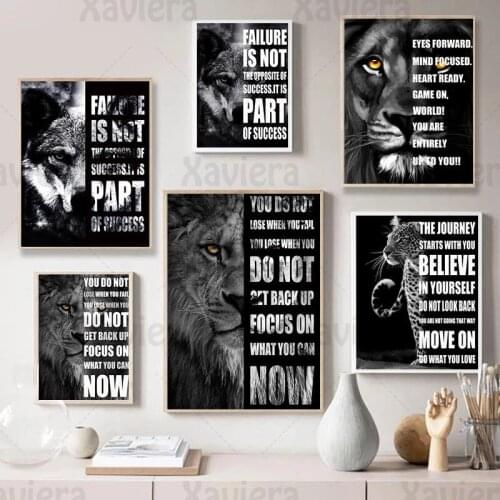 Modern Black and White Poster Animals Lion Tiger Leopard Wolf Inspirings Quotes Canvas Painting Home Decoration For Living Room