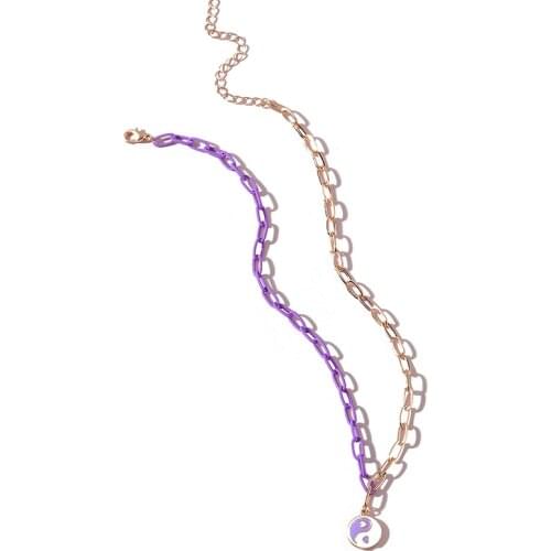 SRCOI Mystical Symbol Yin Yang Enameled Pendant Necklace Cool Purple Gold Color Splicing Chain Necklace Women Party Jewelry