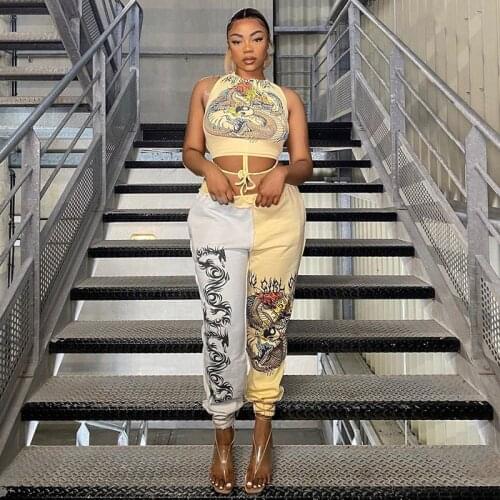 Hirigin Streetwear Fashion Dragon Printed Graphic Sweatpants High Waisted Trousers Women 2021 Patchwork Casual Pants