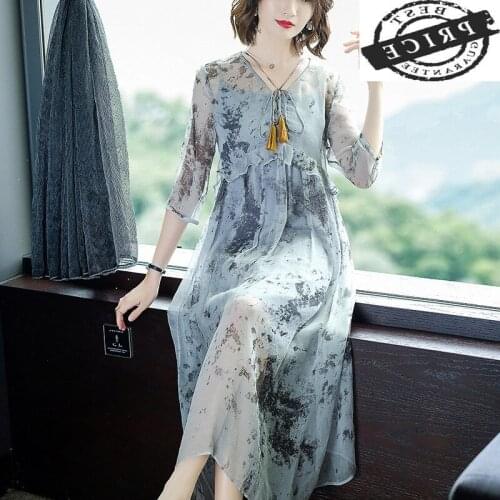 Vintage Summer Real Silk Dress Women Clothes 2021 Korean Elegant Boho Long Vestidos Ladies Floral Sexy Party Dresses aaaa