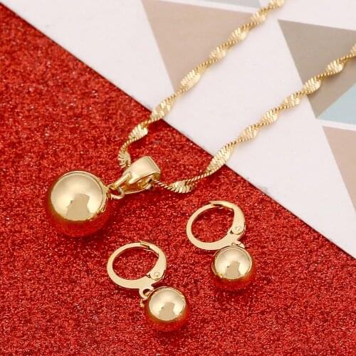 Gold Color Plain Bead Jewelry Round Pendant Chain Necklace Ball Earrings Pendant Women Jewelry Set Gift