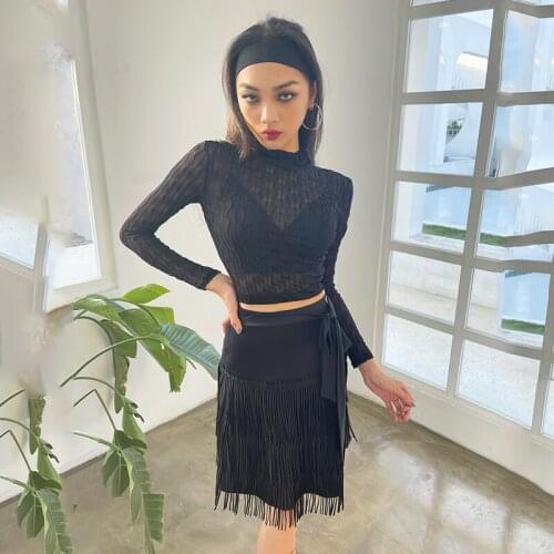 Latin Dance Clothing Black Long Sleeved Sexy Tassel Skirts Adult Female Latin Dance Performance Costumes Rumba Tango Latin Dress
