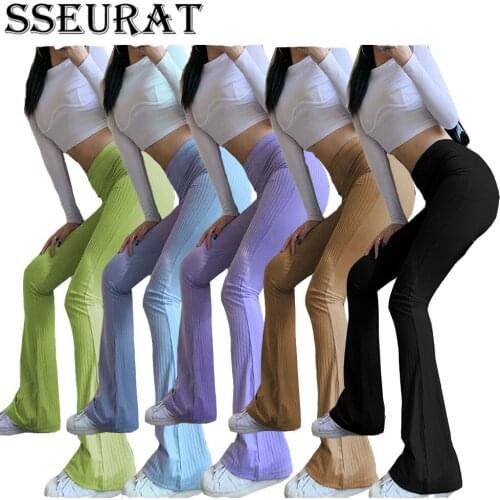 SSEURAT Women Elastic Flare Pants Leggings Casual Solid High Waist Trousers Jogger Pants Sweatpants