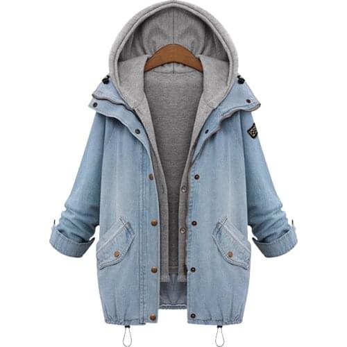 Women Loose Demin Cardigan Jacket Liner 2 Piece Suits Female Autumn Winter Warm Hooded Cowboy Jeans Coat Tops Lining Two Pcs Set