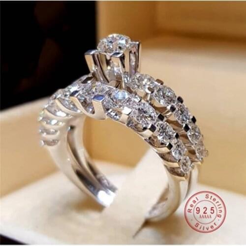 Female Crystal White Round Wedding Ring Set Trendy Jewelry Luxury Real Silver Color Zircon Ring Promise Rings For Woman
