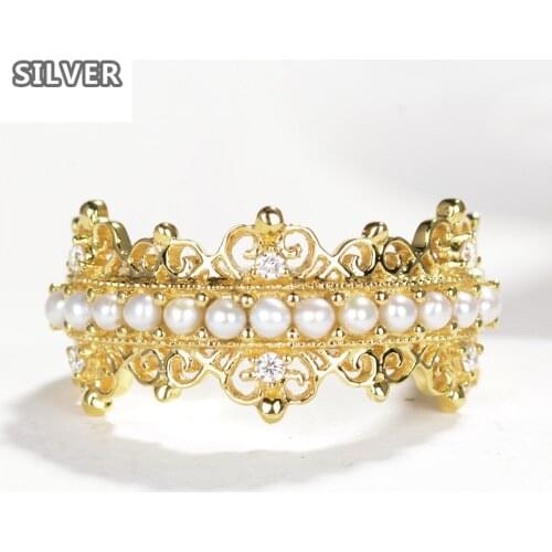 2020 New Light luxury elegant line trendy wild hollow crown inlaid with pearl ring diamond rings for women 14k gold jewelry