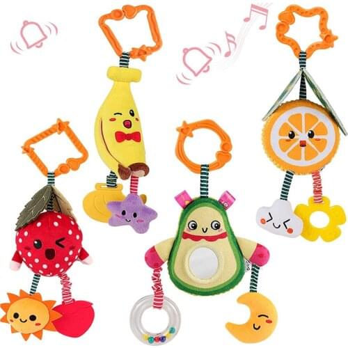 4 pcs/set Baby Hanging Fruit Rattles Cute Strawberry Orange Banana Avocado Plush Soft Rattles with Teethers