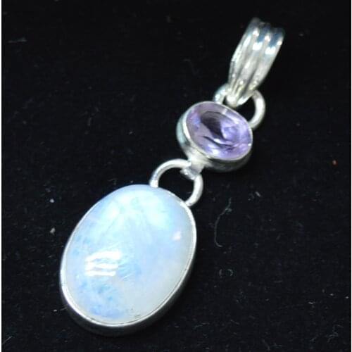 Genuine Blue Fire Moonstone & Amethyst Pendant 925 Sterling Silver, 44.1 mm, MHBAP4698
