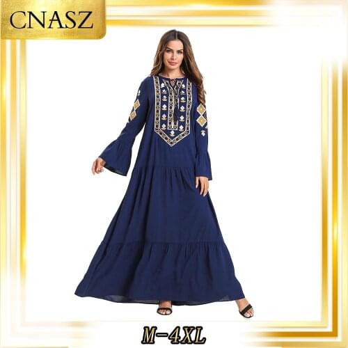 Muslim Dress Islamic Clothing Fashion Long-Sleeved Loose Stitching Embroidered Autumn Musulman Femme Dress