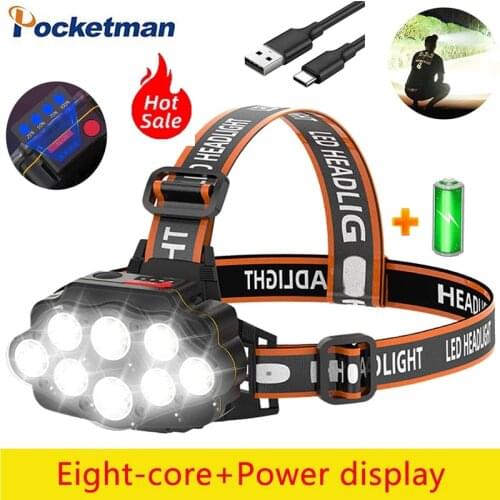Most Bright 8 LED Headlight USB Rechargeable Tactical Torch Headlamp Head Lamp Light Waterproof Head Torch 80000Lumens Headlamps