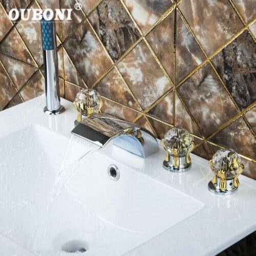 OUBONI Bathroom Sink Chrome Diamond Golden Hand+Waterfall Spout Brass Body+Handheld Shower 5pcs Bathtub Mixer Tap Faucet Set