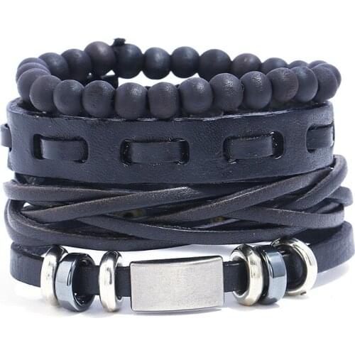 Punk Rock Black Leather Bracelet Alloy Charm Beads Fashion Braided Wristbands Women Men Bangle Wrap Retro Hippie Vintage Jewelry