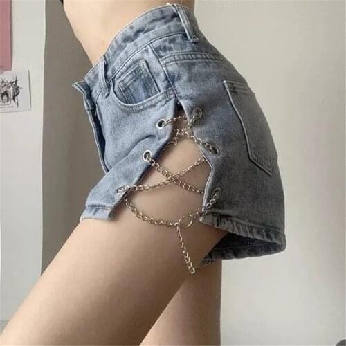 Sexy Summer Chain Demin Shorts Women High Waist Hollow Out Jeans With Pockets Fashion Korean Split Buckle Up Shorts