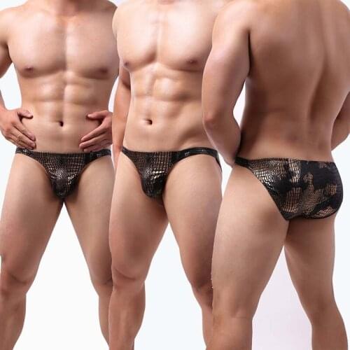 Sexy Underwear Men Briefs Nightclub Breathable Snake Print Faux Leather Underpants Low-Rise Narrow-Side Briefs Pouch Panties New