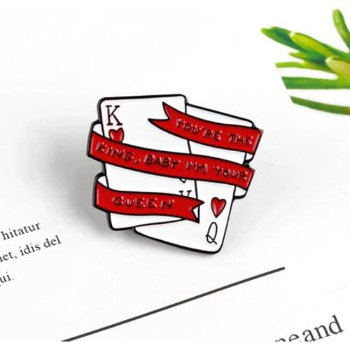 Chic Poker Brooch Red Heart K Q Enamel Lapel Lovers Pins Accessories Shirt Clothes Bag Scarf Gifts Badges Jewelry For Men