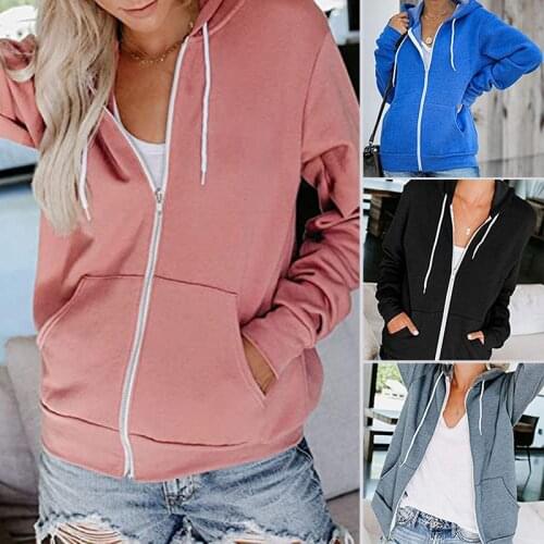 Womens Hooded Sweater with 2 Pockets Solid Color Long Sleeved Zipper Design Loose Casual Winter Clothes d88